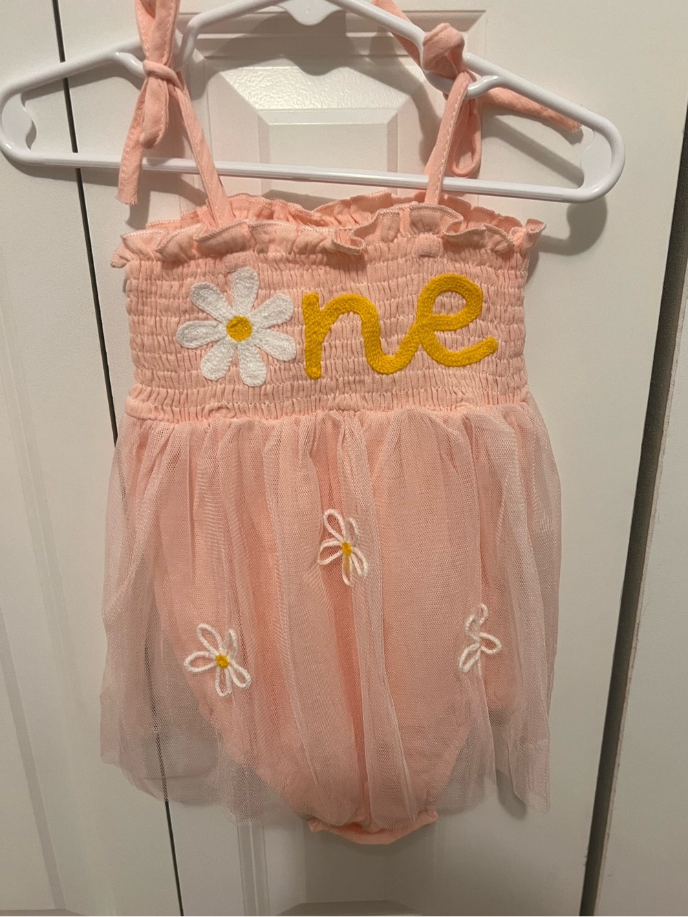 Light Pink and Butter Yellow Tulle “One”  Baby Romper/Dress